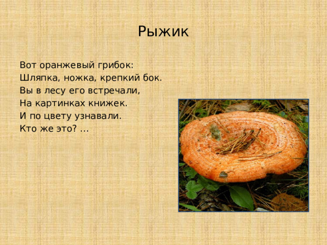 Рыжик Вот оранжевый грибок: Шляпка, ножка, крепкий бок. Вы в лесу его встречали, На картинках книжек. И по цвету узнавали. Кто же это? …