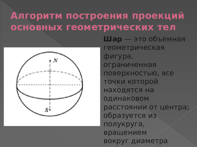 Алгоритм построения проекций основных геометрических тел Шар  — это объемная геометрическая фигура, ограниченная поверхностью, все точки которой находятся на одинаковом расстоянии от центра; образуется из полукруга, вращением вокруг диаметра разреза.