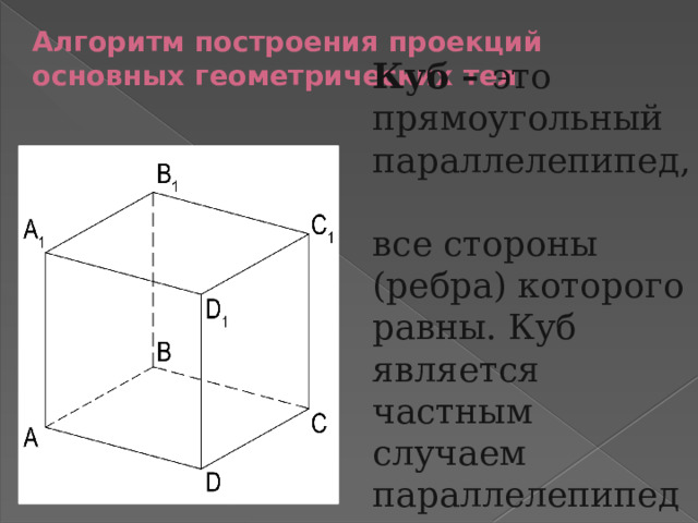 Алгоритм построения проекций основных геометрических тел   Куб –  это прямоугольный параллелепипед,  все стороны (ребра) которого равны. Куб является частным случаем параллелепипеда и призмы.