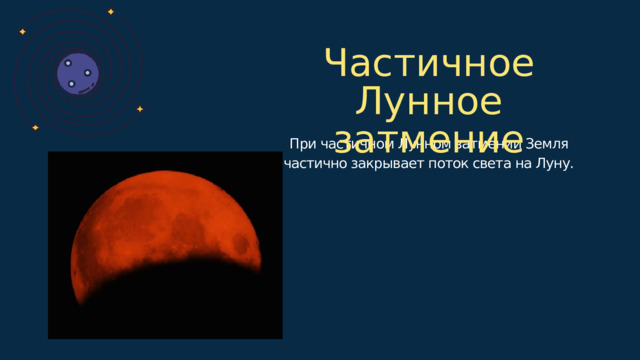 Частичное Лунное затмение При частичном Лунном затмении Земля частично закрывает поток света на Луну.