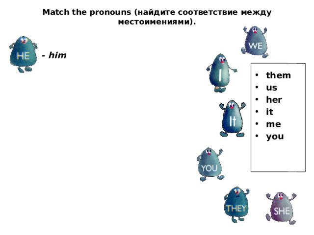 Match the pronouns (найдите соответствие между местоимениями). - him them us her it me you