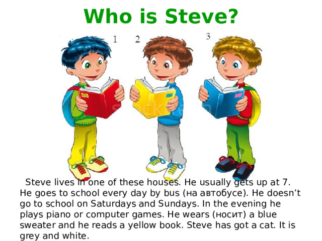 Who is Steve?  Steve lives in one of these houses. He usually gets up at 7. He goes to school every day by bus (на автобусе). He doesn’t go to school on Saturdays and Sundays. In the evening he plays piano or computer games. He wears (носит) a blue sweater and he reads a yellow book. Steve has got a cat. It is grey and white.