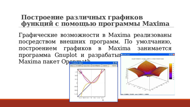 Построение различных графиков функций с помощью программы Maxima   Графические возможности в Maxima реализованы посредством внешних программ. По умолчанию, построением графиков в Maxima занимается программа Gnuplot и разрабатываемый вместе с Maxima пакет Openmath.