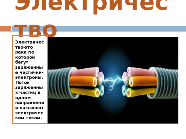 Электричество Электричество-это река по которой бегут заряженные частички-электроны. Поток заряженных частиц в одном направлении называют электрическим током.