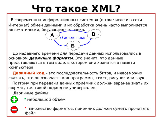 Что такое XML?  В современных информационных системах (в том числе и в сети Интернет) обмен данными и их обработка очень часто выполняется автоматически, безучастия человека.  До недавнего времени для передачи данных использовались в основном двоичные форматы . Это значит, что данные представляются в том виде, в котором они хранятся в памяти компьютера.  Двоичный код - это последовательность битов, и невозможно сказать, что он означает –код программы, текст, рисунок или звук.  Поэтому при передачи данных приёмник должен заранее знать их формат, т.е. такой подход не универсален.  Двоичные файлы: