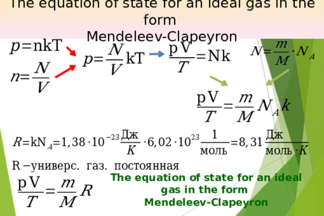 The equation of state for an ideal gas in the form Mendeleev-Clapeyron The equation of state for an ideal gas in the form Mendeleev-Clapeyron