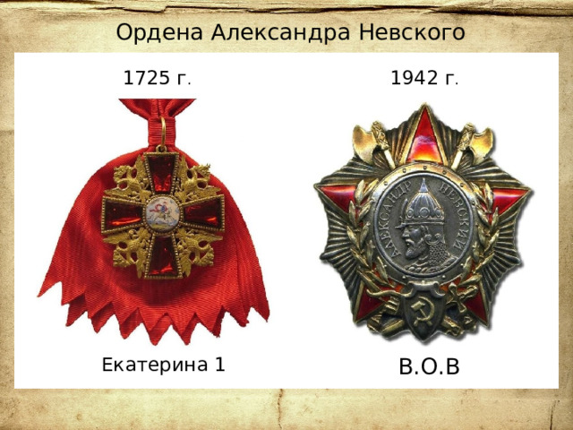 Ордена Александра Невского 1725 г . 1942 г . Екатерина 1 В.О.В