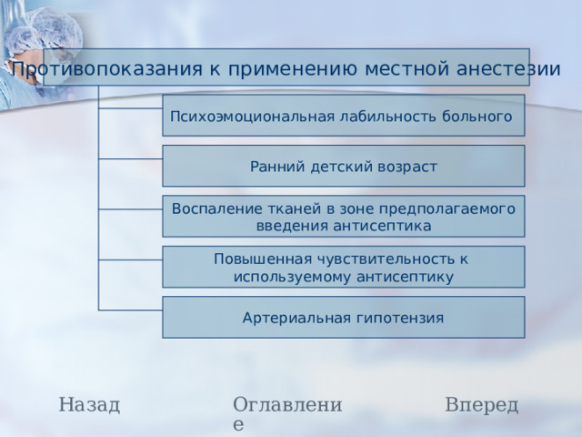 Противопоказания к применению местной анестезии Психоэмоциональная лабильность больного Ранний детский возраст Воспаление тканей в зоне предполагаемого введения антисептика Повышенная чувствительность к используемому антисептику Артериальная гипотензия Назад Оглавление Вперед