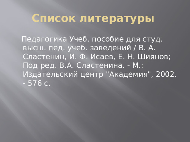 Список литературы  Педагогика Учеб. пособие для студ. высш. пед. учеб. заведений / В. А. Сластенин, И. Ф. Исаев, Е. Н. Шиянов; Под ред. В.А. Сластенина. - М.: Издательский центр 