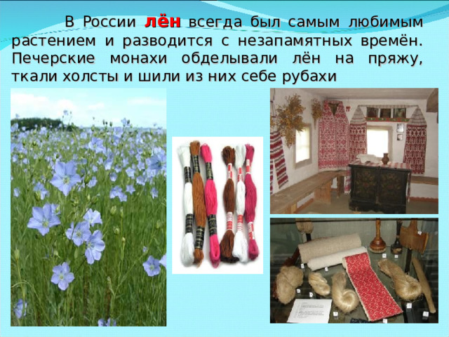 В России лён всегда был самым любимым растением и разводится с незапамятных времён. Печерские монахи обделывали лён на пряжу, ткали холсты и шили из них себе рубахи
