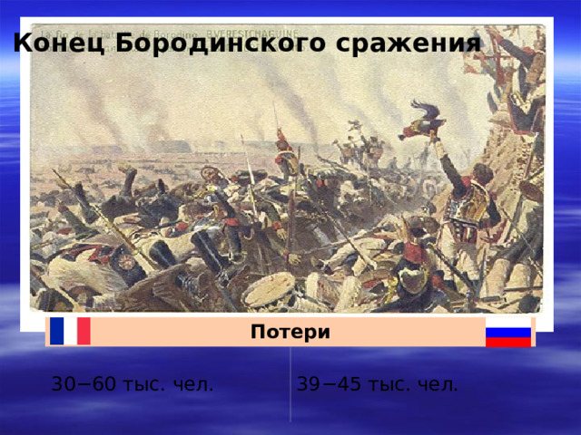 Конец Бородинского сражения Потери 30−60 тыс. чел. 39−45 тыс. чел.