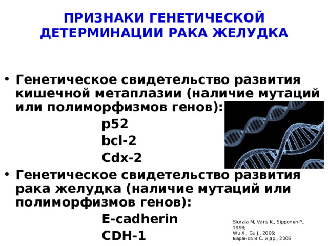 ПРИЗНАКИ ГЕНЕТИЧЕСКОЙ ДЕТЕРМИНАЦИИ РАКА ЖЕЛУДКА Генетическое свидетельство развития кишечной метаплазии (наличие мутаций или полиморфизмов генов):     р52     bcl-2     Cdx-2 Генетическое свидетельство развития рака желудка (наличие мутаций или полиморфизмов генов):     E-cadherin     CDH-1  Siurala M, Varis K., Sipponen P., 1998; Wu X., Gu J., 2006 ; Баранов В.С. и др., 2006
