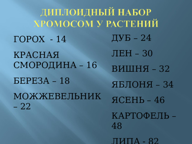 ДУБ – 24 ЛЕН – 30 ВИШНЯ – 32 ЯБЛОНЯ – 34 ЯСЕНЬ – 46 КАРТОФЕЛЬ – 48 ЛИПА - 82 ГОРОХ - 14 КРАСНАЯ СМОРОДИНА – 16 БЕРЕЗА – 18 МОЖЖЕВЕЛЬНИК – 22