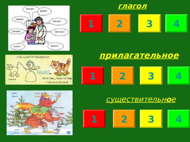 глагол 1 3 4 2 прилагательное 1 2 3 4 существительн о е 4 2 1 3