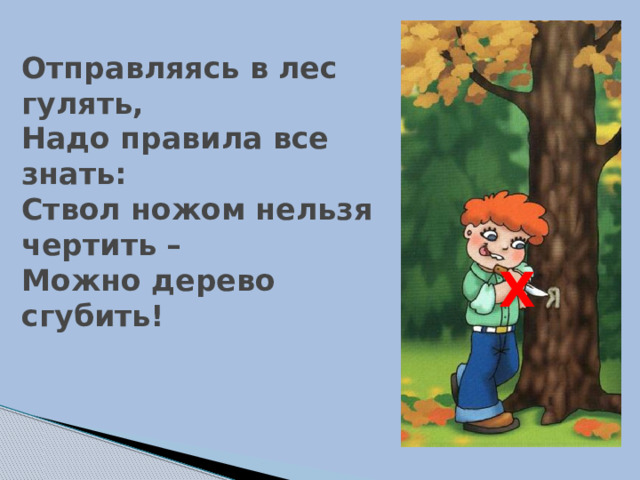 Отправляясь в лес гулять,  Надо правила все знать:  Ствол ножом нельзя чертить –  Можно дерево сгубить! Х