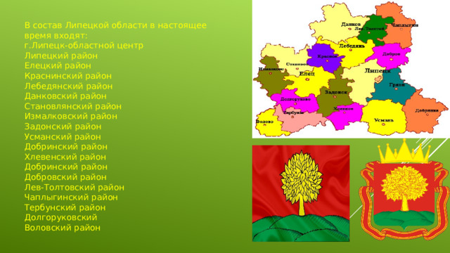 В состав Липецкой области в настоящее время входят: г.Липецк-областной центр Липецкий район Елецкий район Краснинский район Лебедянский район Данковский район Становлянский район Измалковский район Задонский район Усманский район Добринский район Хлевенский район Добринский район Добровский район Лев-Толтовский район Чаплыгинский район Тербунский район Долгоруковский Воловский район