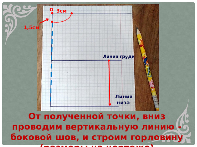 О 3см 1,5см Линия груди Линия  низа От полученной точки, вниз проводим вертикальную линию - боковой шов, и строим горловину (размеры на чертеже)