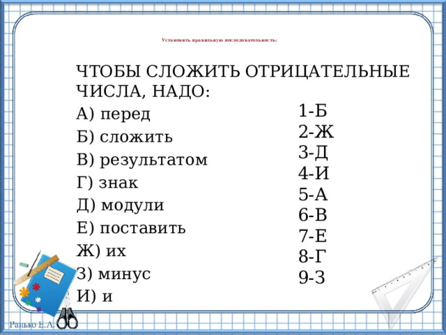 Установить правильную последовательность:    ЧТОБЫ СЛОЖИТЬ ОТРИЦАТЕЛЬНЫЕ ЧИСЛА, НАДО: А) перед Б) сложить В) результатом Г) знак Д) модули Е) поставить Ж) их З) минус И) и 1-Б 2-Ж 3-Д 4-И 5-А 6-В 7-Е 8-Г 9-З