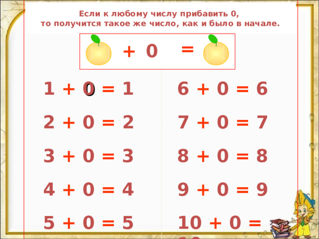 Если к любому числу прибавить 0,  то получится такое же число, как и было в начале. = + 0 6 + 0 = 6 1 +  0  = 1 2 + 0 = 2 7 + 0 = 7 8 + 0 = 8 3 + 0 = 3 9 + 0 = 9 4 + 0 = 4 10 + 0 = 10 5 + 0 = 5