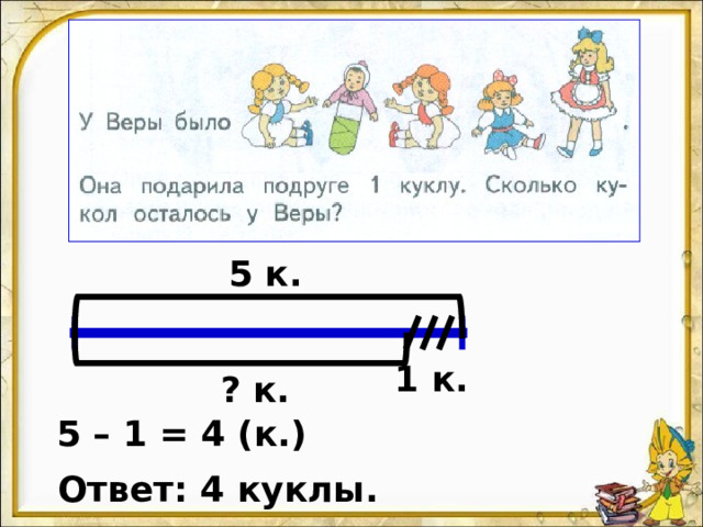 5 к. 1 к. ? к. 5 – 1 = 4 (к.) Ответ: 4 куклы.