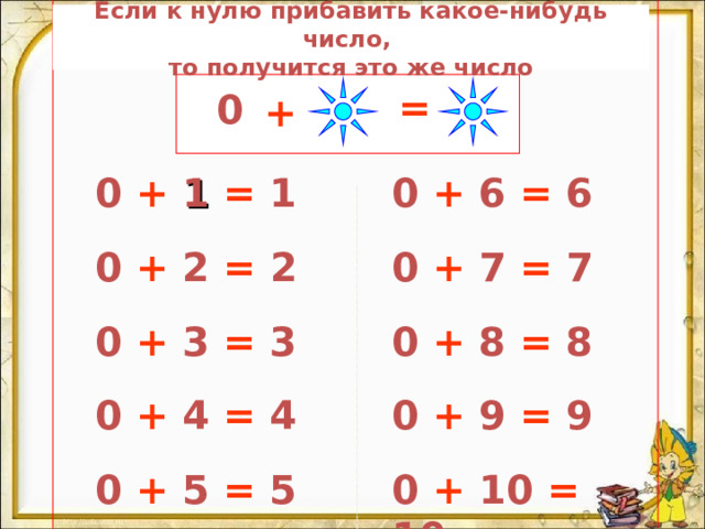 Если к нулю прибавить какое-нибудь число,  то получится это же число = 0 + 0 + 6 = 6 0 +  1  = 1 0 + 7 = 7 0 + 2 = 2 0 + 8 = 8 0 + 3 = 3 0 + 9 = 9 0 + 4 = 4 0 + 10 = 10 0 + 5 = 5