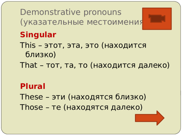 Demonstrative pronouns (указательные местоимения) Singular This – этот, эта, это (находится близко) That – тот, та, то (находится далеко) Plural These – эти (находятся близко) Those – те (находятся далеко)