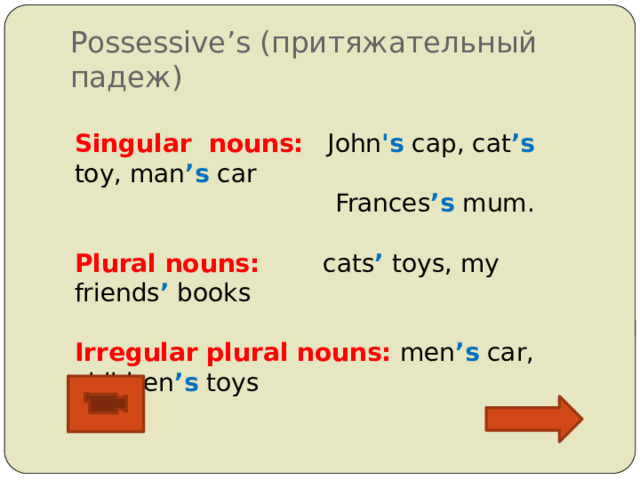 Possessive’s (притяжательный падеж) Singular nouns: John 's cap, cat ’s toy, man ’s car  Frances ’s mum. Plural nouns: cats ’ toys, my friends ’ books Irregular plural nouns: men ’s car, children ’s toys
