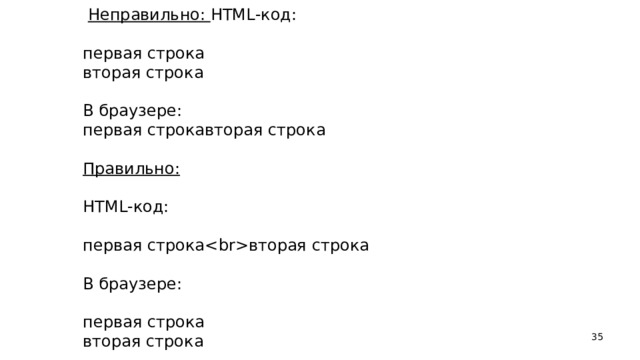   Неправильно: HTML -код:   первая строка вторая строка В браузере: первая строкавторая строка   Правильно:   HTML -код:   первая строкавторая строка   В браузере:   первая строка вторая строка