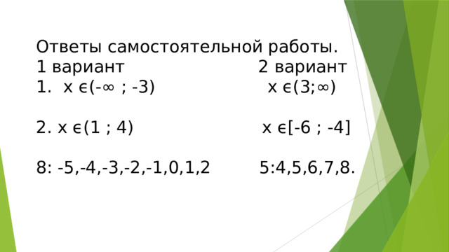 Ответы самостоятельной работы. 1 вариант 2 вариант х ϵ(-∞ ; -3) х ϵ(3;∞) 2. х ϵ(1 ; 4) х ϵ[-6 ; -4] 8: -5,-4,-3,-2,-1,0,1,2 5:4,5,6,7,8.