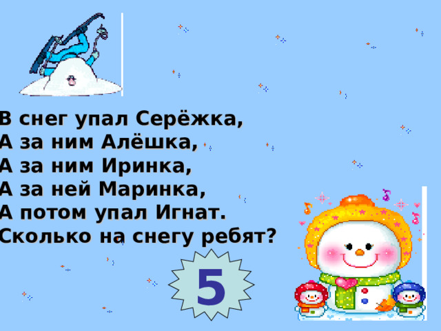 В снег упал Серёжка, А за ним Алёшка, А за ним Иринка, А за ней Маринка, А потом упал Игнат. Сколько на снегу ребят? 5