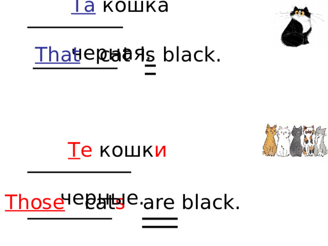 Та кошка черная.   That cat  is black. Т е кошк и черные.   Those cat s  are black.