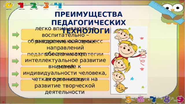 ПРЕИМУЩЕСТВА ПЕДАГОГИЧЕСКИХ ТЕХНОЛОГИЙ легко вписываются в воспитательно – образовательный процесс внедрение основных направлений педагогических стратегии обеспечивают интеллектуальное развитие детей внимание к индивидуальности человека, его личности четкая организация на развитие творческой деятельности