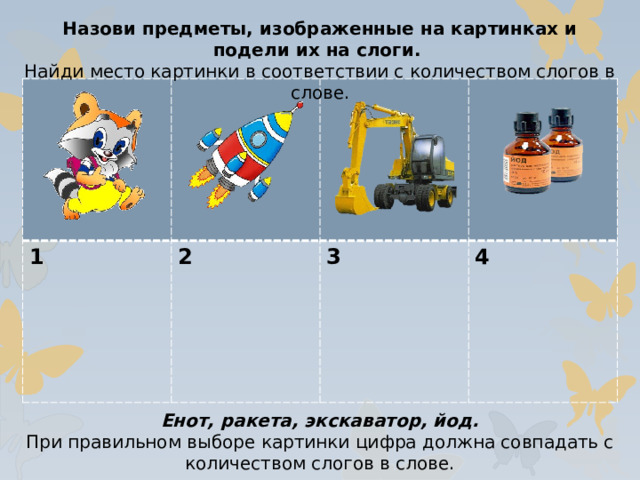 Назови предметы, изображенные на картинках и подели их на слоги. Найди место картинки в соответствии с количеством слогов в слове. 1 2  3  4 Енот, ракета, экскаватор, йод. При правильном выборе картинки цифра должна совпадать с количеством слогов в слове.