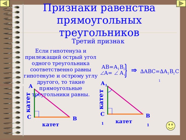 катет катет Признаки равенства прямоугольных треугольников Третий признак Если гипотенуза и прилежащий острый угол одного треугольника соответственно равны гипотенузе и острому углу другого, то такие прямоугольные треугольники равны. АВ=А 1 В 1 ,  ∆ АВС=∆ А 1 В 1 С 1  А=  А 1 А 1 А С 1 В 1 С В катет катет