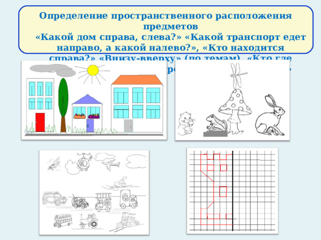 Определение пространственного расположения предметов  «Какой дом справа, слева?» «Какой транспорт едет направо, а какой налево?», «Кто находится справа?» «Внизу-вверху» (по темам), «Кто где находится?» «Ориентировка на листе бумаги»