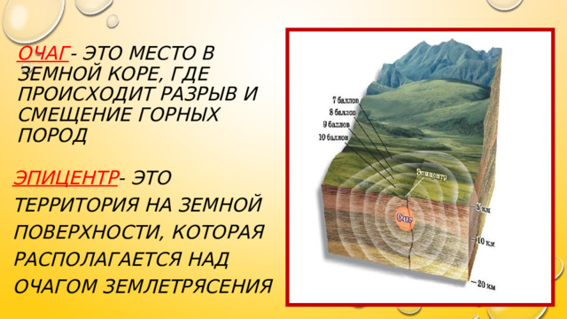 Очаг - это место в земной коре, где происходит разрыв и смещение горных пород   Эпицентр - это территория на земной поверхности, которая располагается над очагом землетрясения