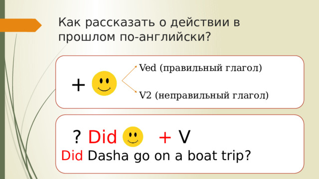Как рассказать о действии в прошлом по-английски? Ved (правильный глагол) + V2 (неправильный глагол)  ? Did + V Did Dasha go on a boat trip?