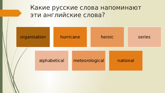 Какие русские слова напоминают эти английские слова? organisation hurricane heroic series alphabetical meteorological national