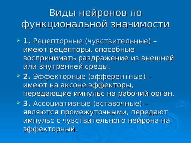 Виды нейронов по функциональной значимости