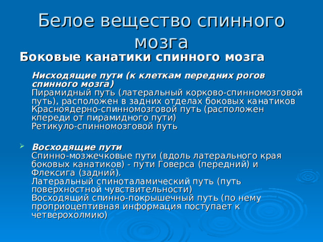 Белое вещество спинного мозга Боковые канатики спинного мозга    Нисходящие пути (к клеткам передних рогов спинного мозга)   Пирамидный путь (латеральный корково-спинномозговой путь), расположен в задних отделах боковых канатиков  Красноядерно-спинномозговой путь (расположен кпереди от пирамидного пути)  Ретикуло-спинномозговой путь