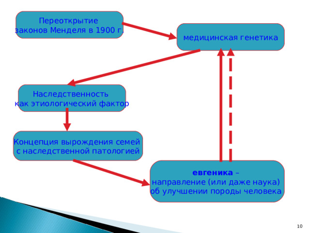 Переоткрытие законов Менделя в 1900 г. медицинская генетика Наследственность  как этиологический фактор Концепция вырождения семей  с наследственной патологией евгеника –  направление (или даже наука)  об улучшении породы человека