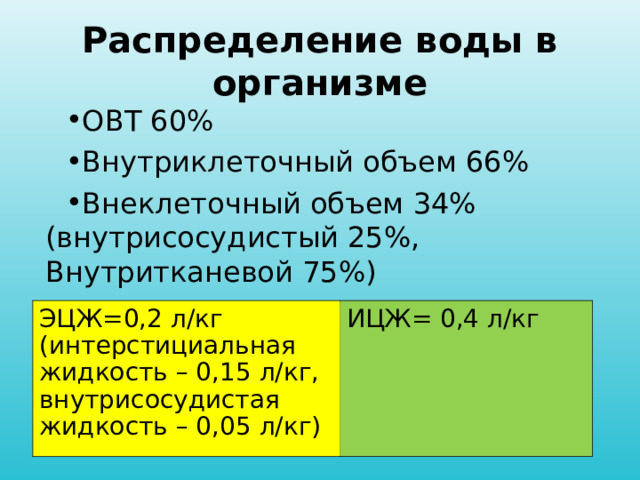 Распределение воды в организме ОВТ 60% Внутриклеточный объем 66% Внеклеточный объем 34% (внутрисосудистый 25%, Внутритканевой 75%) ЭЦЖ=0,2 л/кг (интерстициальная жидкость – 0,15 л/кг, внутрисосудистая жидкость – 0,05 л/кг) ИЦЖ= 0,4 л/кг