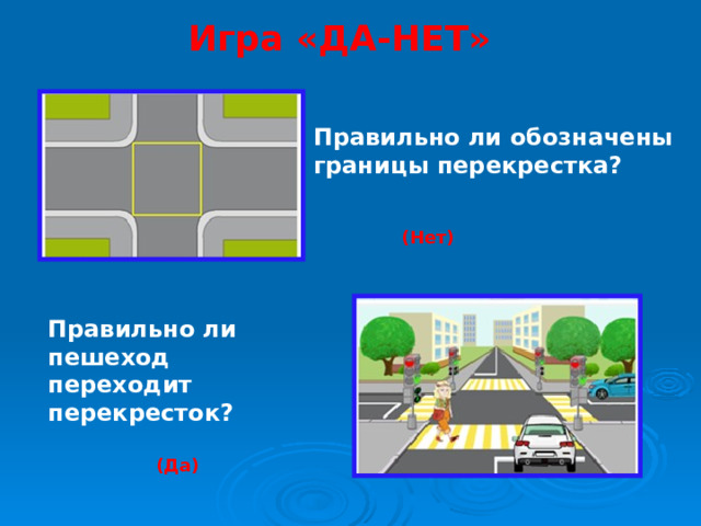Игра «ДА-НЕТ» Правильно ли обозначены границы перекрестка? (Нет) Правильно ли пешеход переходит перекресток? (Да)