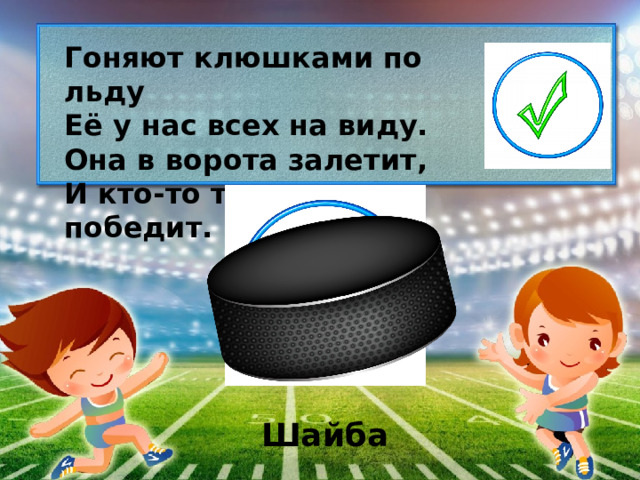 Гоняют клюшками по льду Её у нас всех на виду. Она в ворота залетит, И кто-то точно победит. Шайба