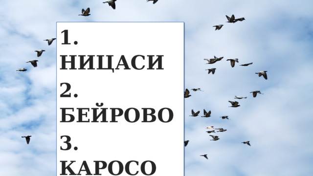 1. НИЦАСИ 2. БЕЙРОВО 3. КАРОСО