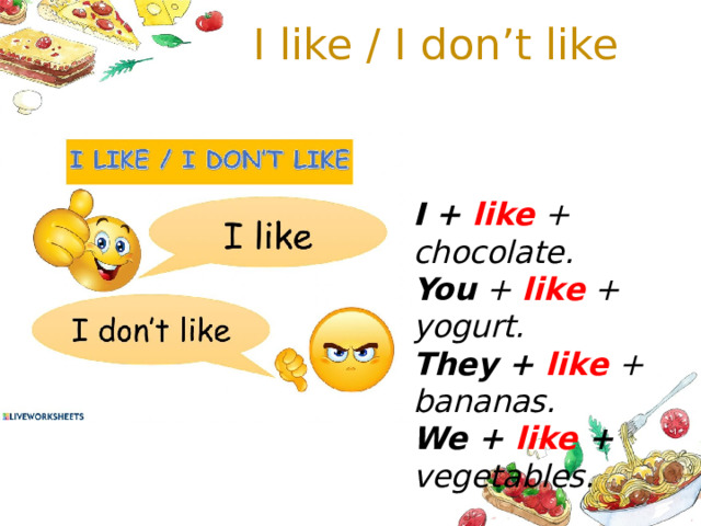 I like / I don’t like I + like  + chocolate. You + like + yogurt.  They + like + bananas.  We + like  + vegetables.