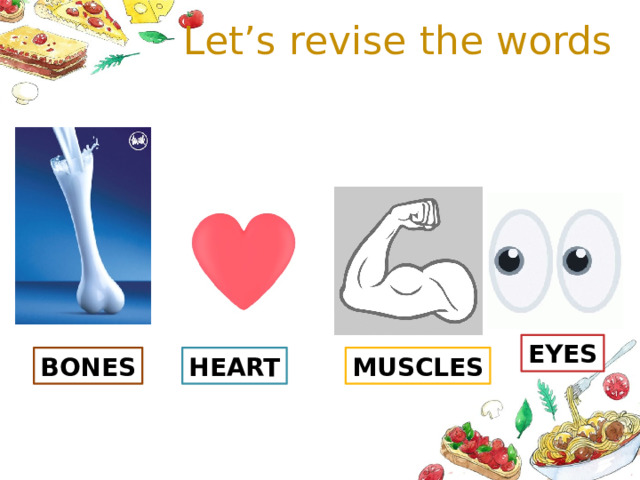 Let’s revise the words EYES BONES HEART MUSCLES