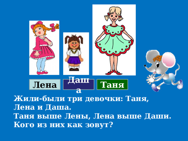 Лена Даша Таня Жили-были три девочки: Таня, Лена и Даша.  Таня выше Лены, Лена выше Даши. Кого из них как зовут?