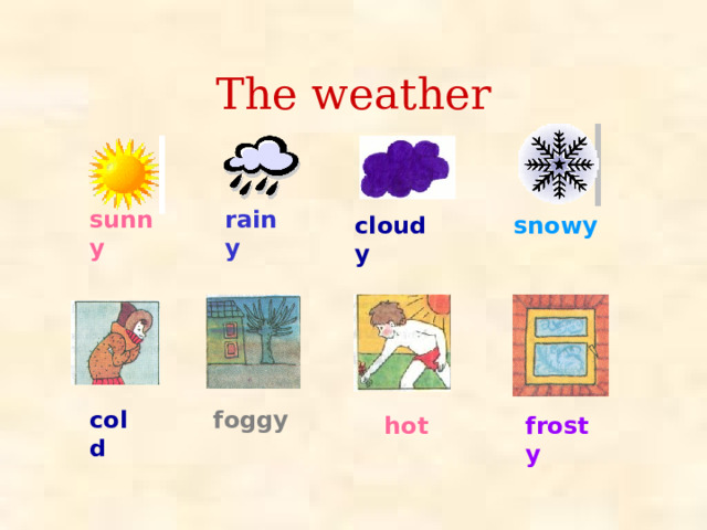 The weather sunny rainy cloudy snowy cold foggy hot frosty