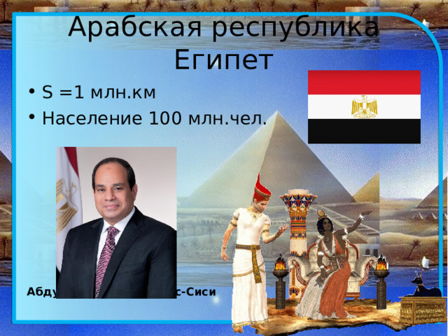 Арабская республика Египет S =1 млн.км Население 100 млн.чел.       Абдул-Фаттах Халил Ас-Сиси